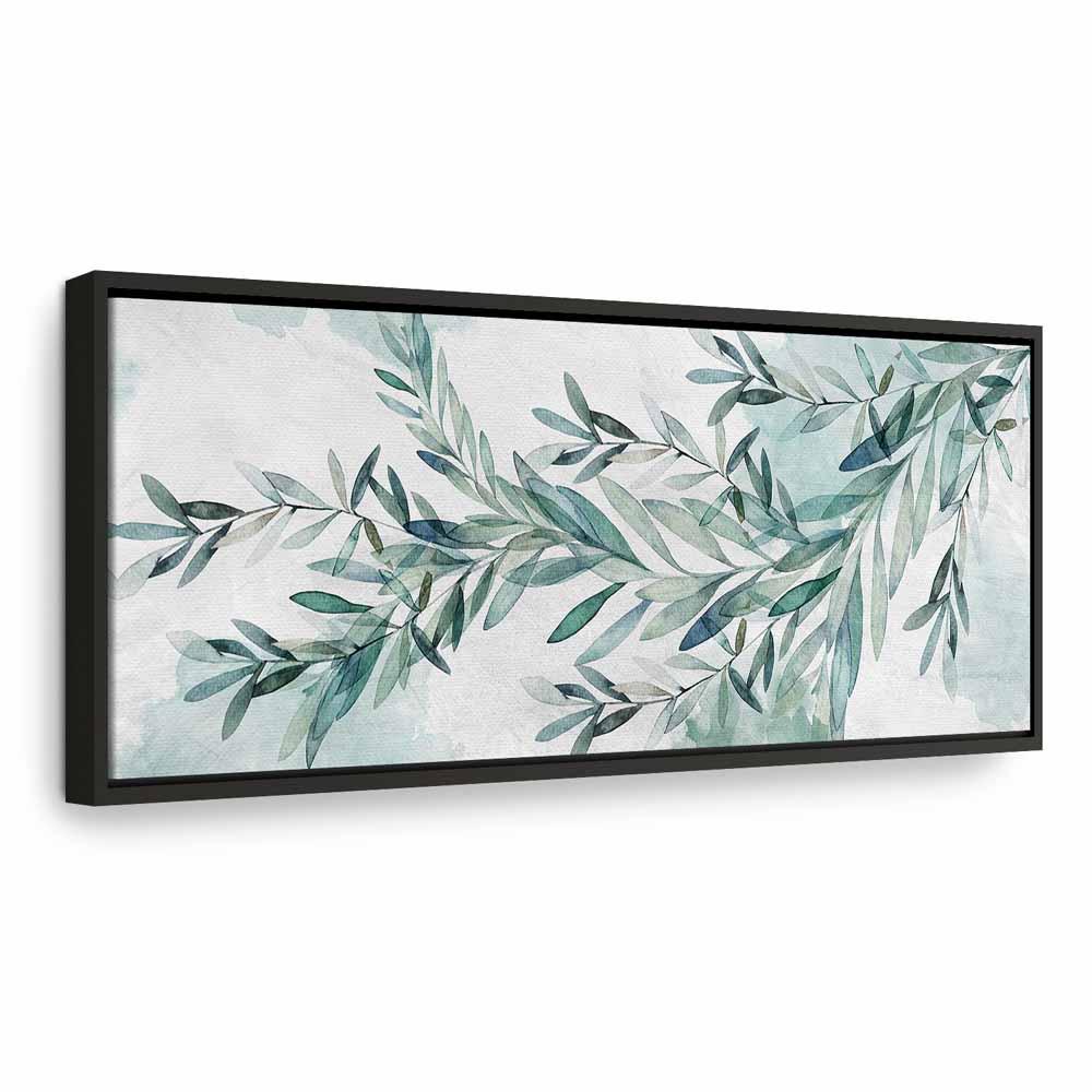 Billede på lærred Mintgrøn Ro med blade - 120 x 40 cm - I en sort træramme