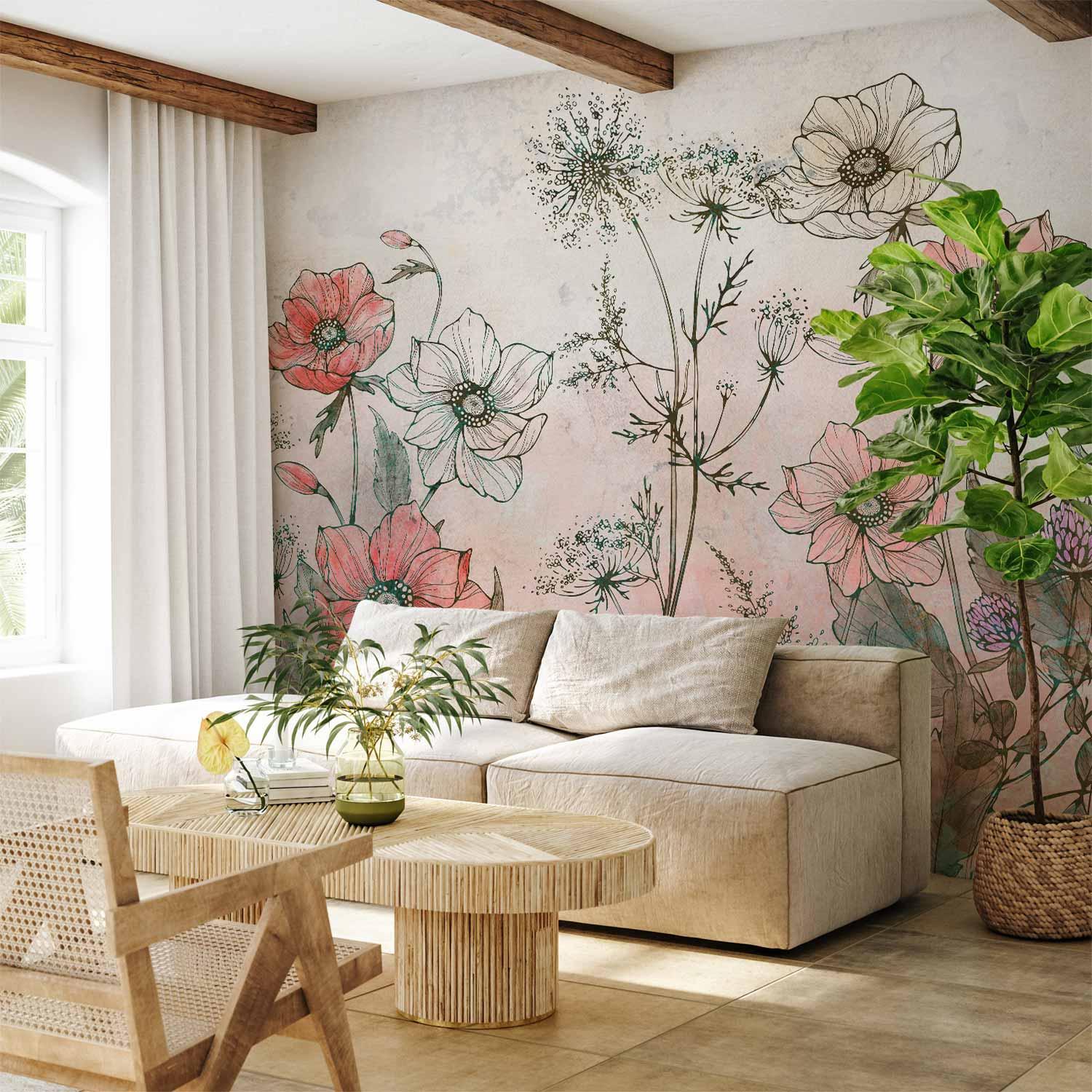Fototapet En dag på engen - tredje variant med blomster - 400 x 280 cm - Premium