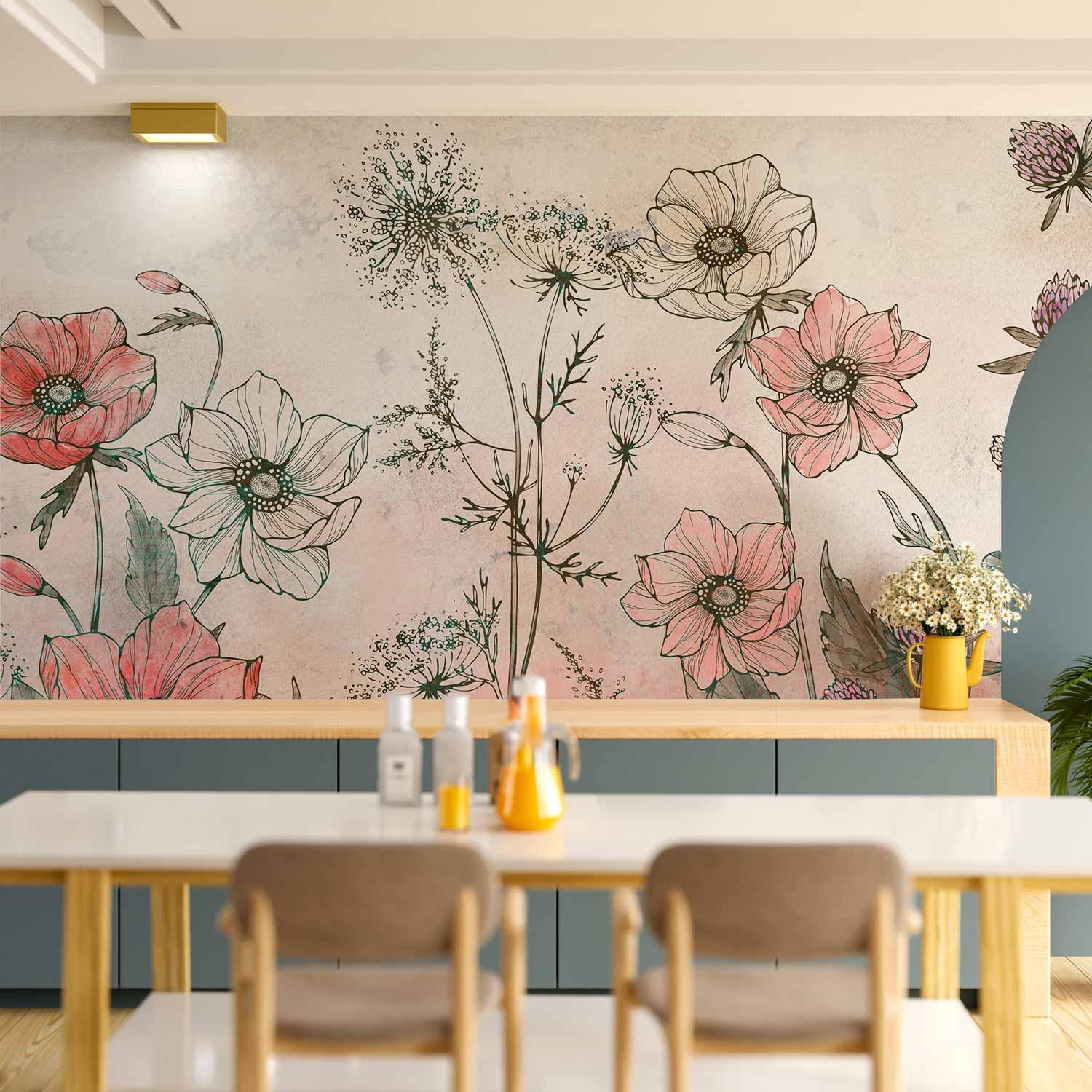 Fototapet En dag på engen - tredje variant med blomster - 400 x 280 cm - Vandtæt