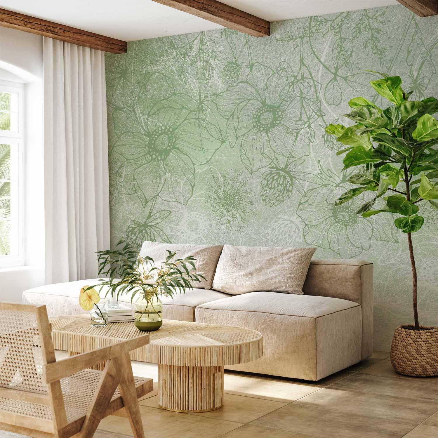 Fototapet Blomstereng lineart på grøn baggrund - 400 x 280 cm - Premium