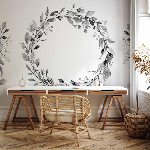 Fototapet Romantisk krans - gråt blomstermotiv