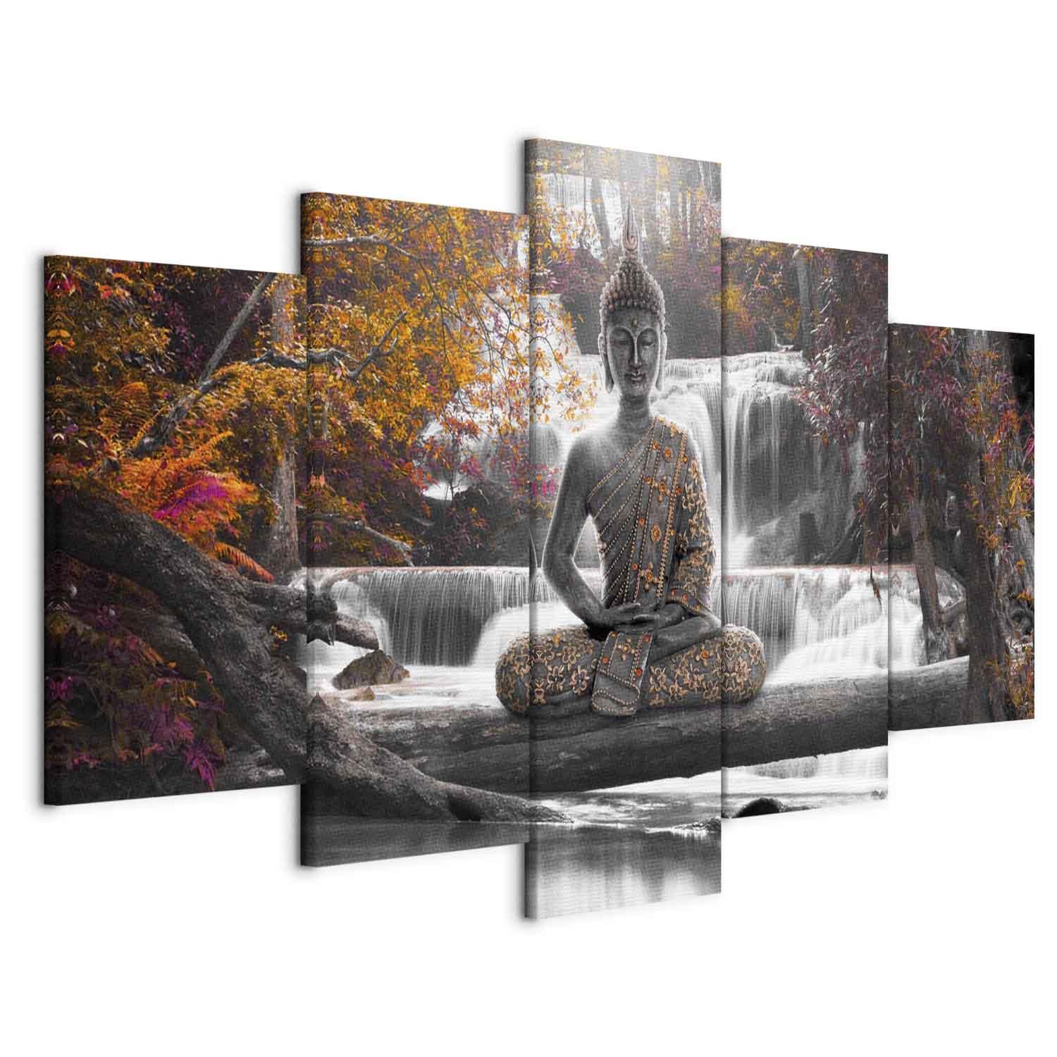 Lærredsbillede Efterårs-Buddha med vandfald - 100 x 50 cm - Akustisk