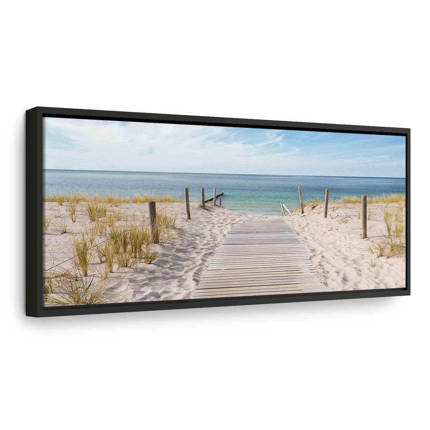 Lærredsbillede Havets Stilhed - strandlandskab - 120 x 40 cm - I en sort træramme