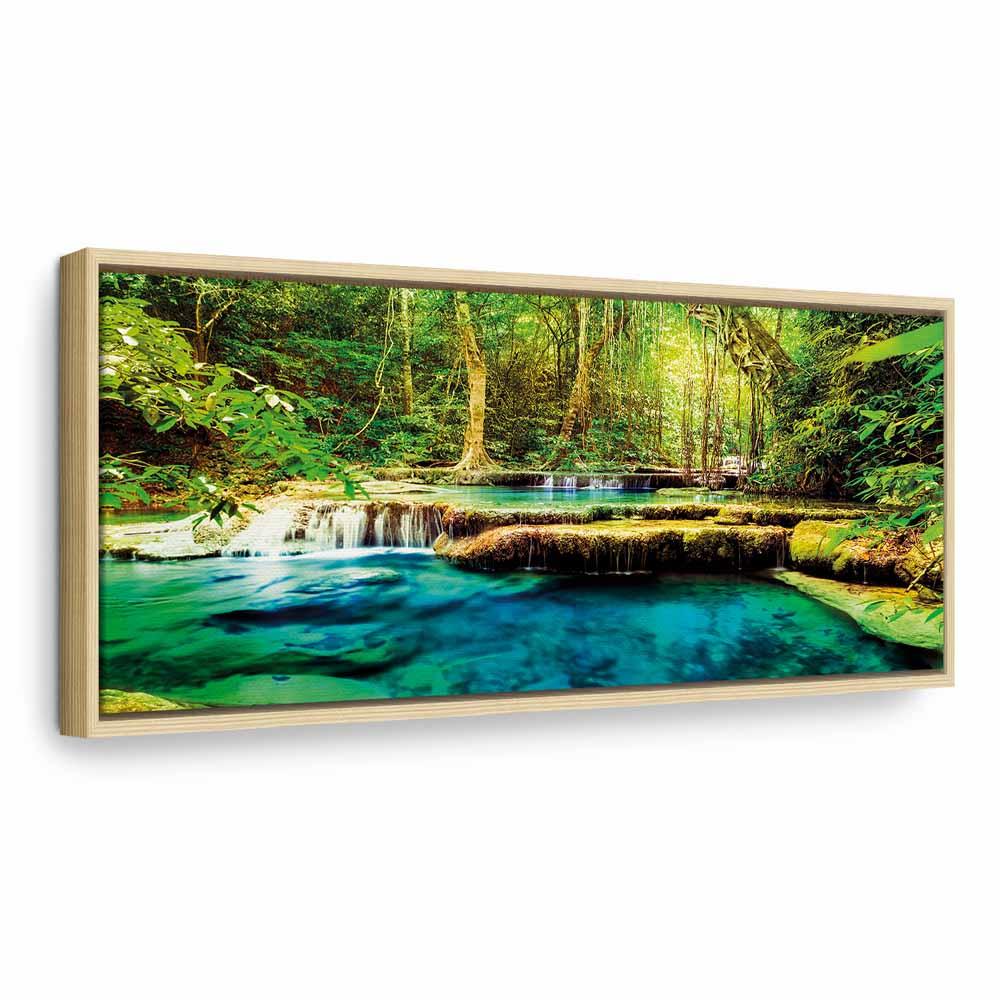 Lærredsbillede Naturens Juvel med vandfald - 90 x 30 cm - I en naturlig træramme