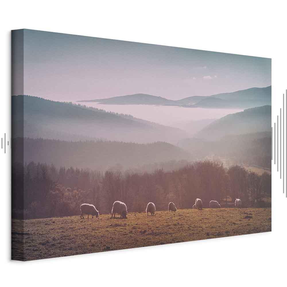 Lærredsbillede med får i bjerglandskab - natur vægbillede - 90 x 60 cm - Akustisk