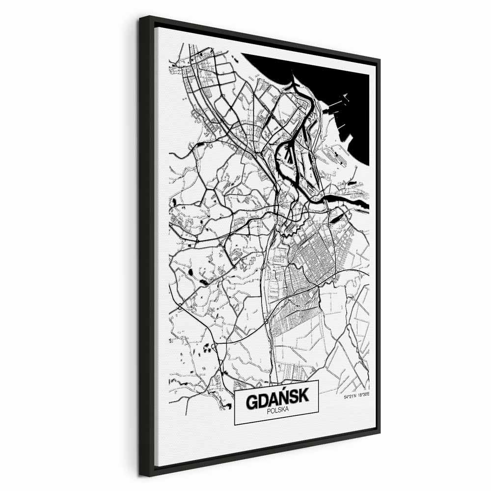 Lærredsbillede Gdańsk bykort - lodret vægdekoration i 1 del - 60 x 90 cm - I en sort træramme