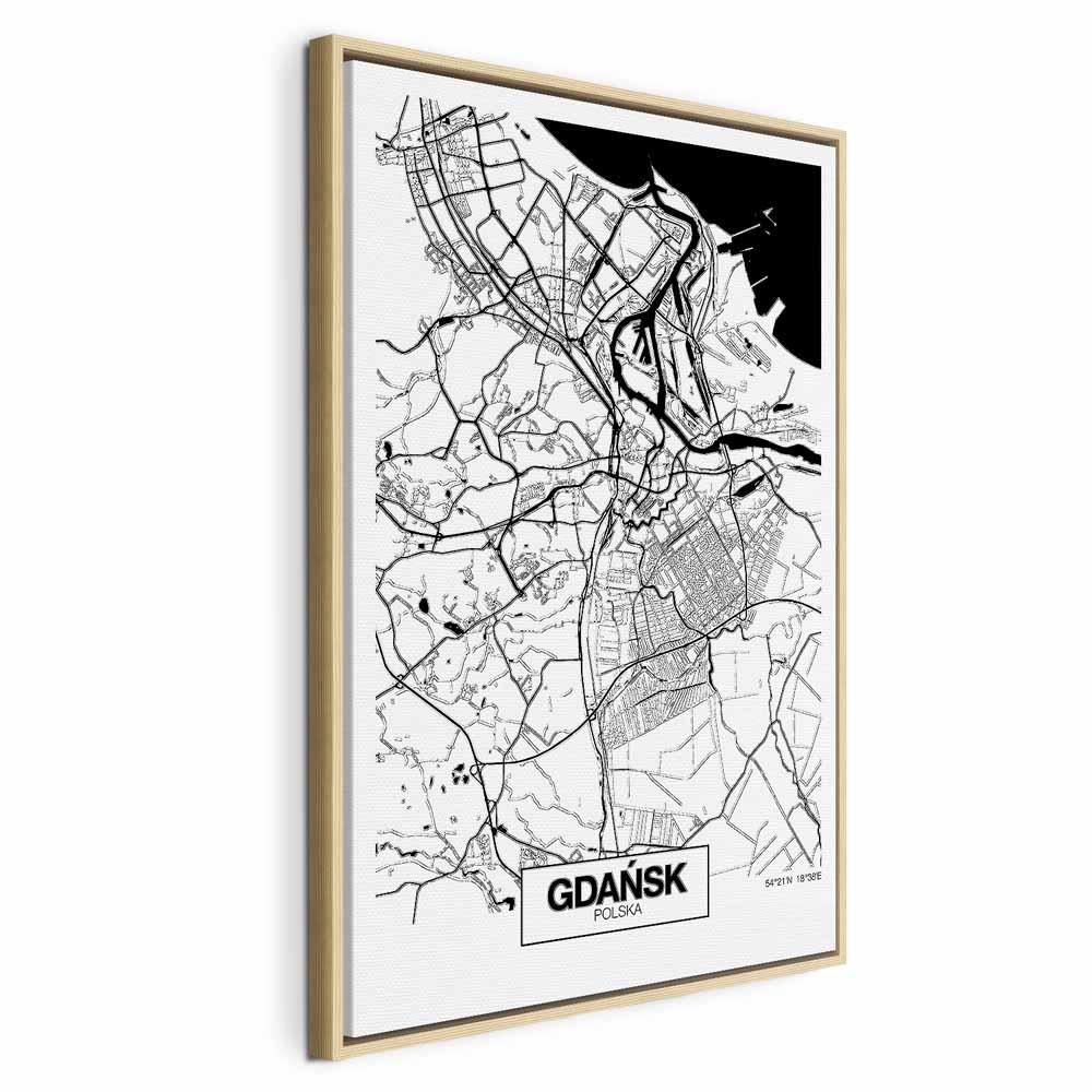Lærredsbillede Gdańsk bykort - lodret vægdekoration i 1 del - 60 x 90 cm - I en naturlig træramme