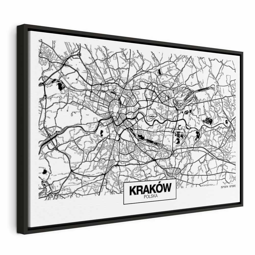 Lærredsbillede Krakow bykort widescreen - 90 x 60 cm - I en sort træramme
