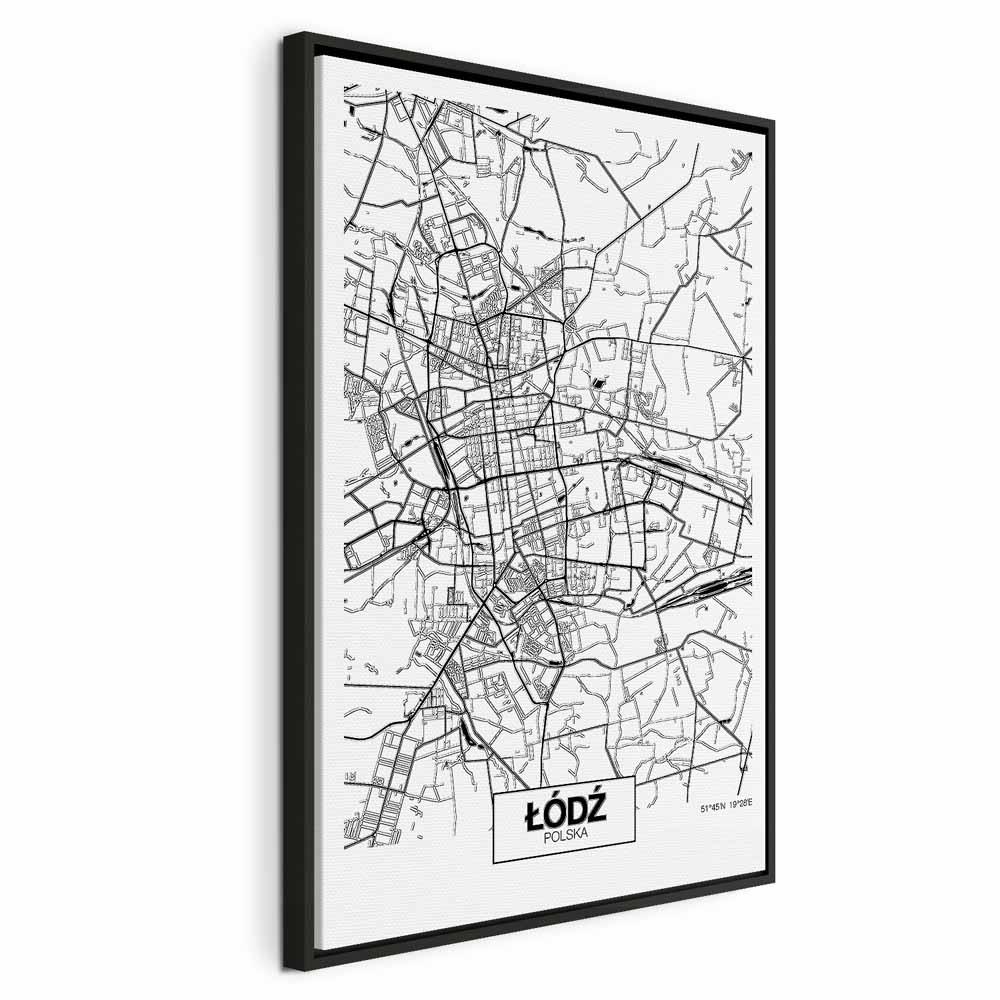 Billede på lærred med bykort over Łódź - vertikal vægdekoration - 40 x 60 cm - I en sort træramme