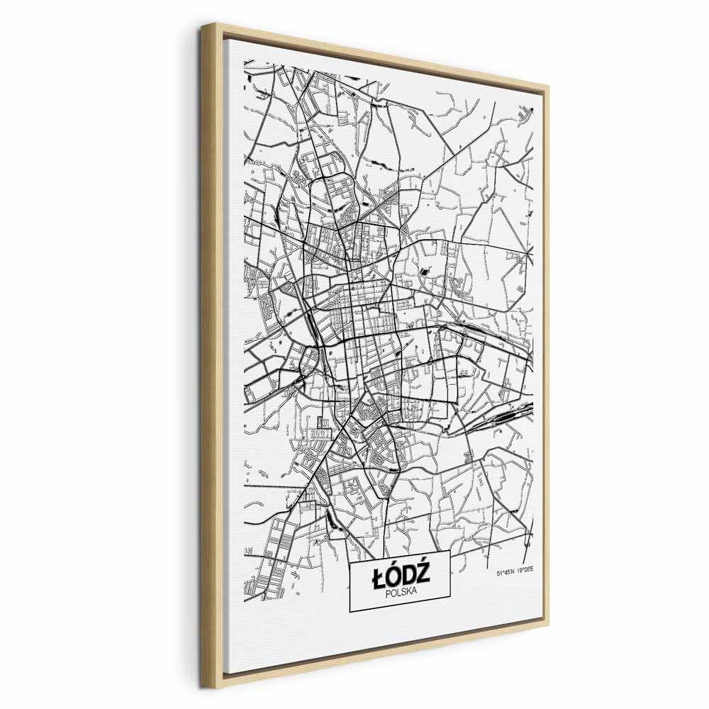 Billede på lærred med bykort over Łódź - vertikal vægdekoration - 40 x 60 cm - I en naturlig træramme