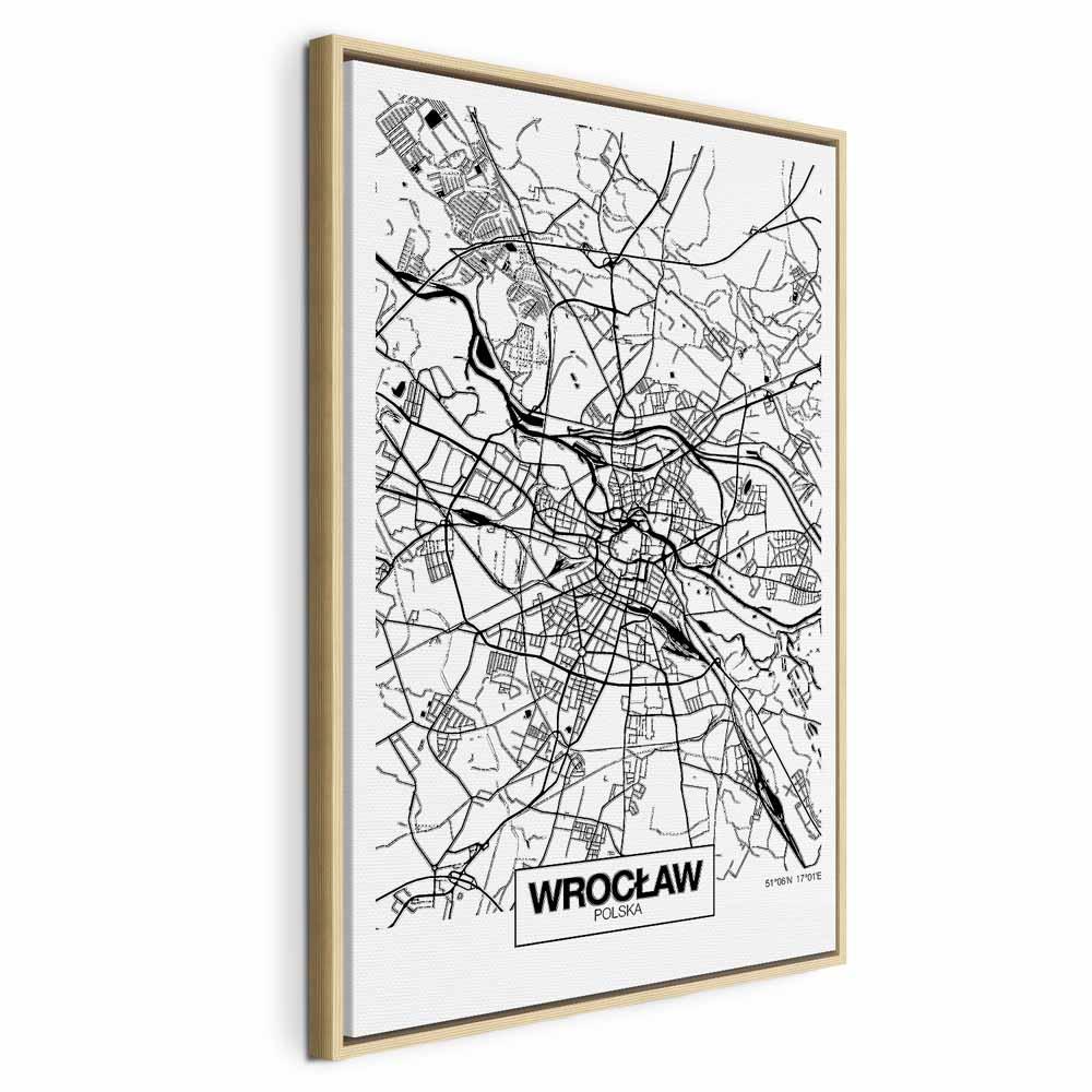 Billede på lærred - Bykort over Wroclaw lodret - 60 x 90 cm - I en naturlig træramme