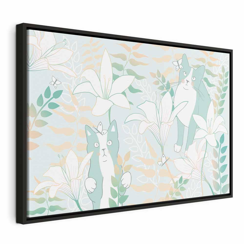 Lærredsbillede Cat Matters bredt format med katte og blomster - 60 x 40 cm - I en sort træramme
