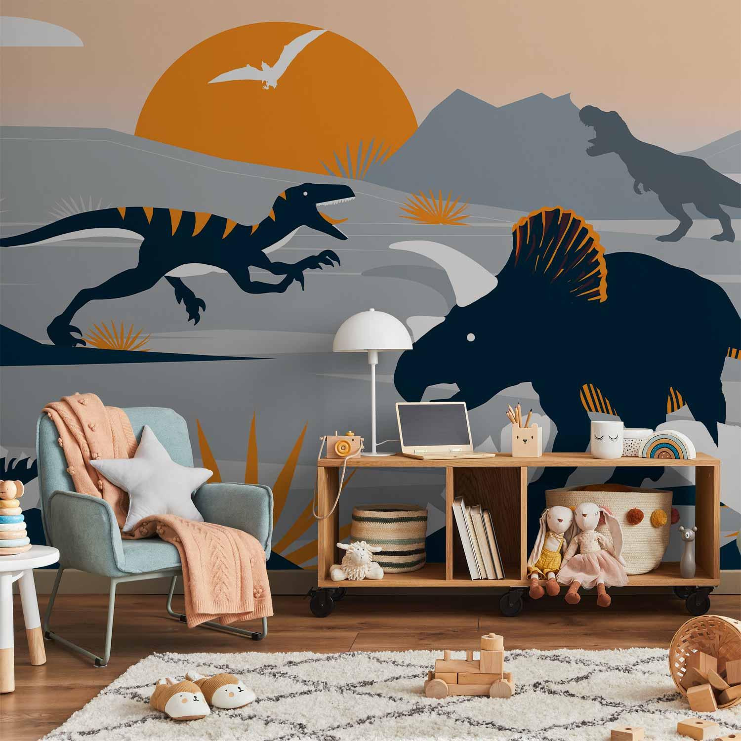 Fototapet med dinosaurer i orange abstrakt landskab til børneværelse - 400 x 280 cm - Vandtæt