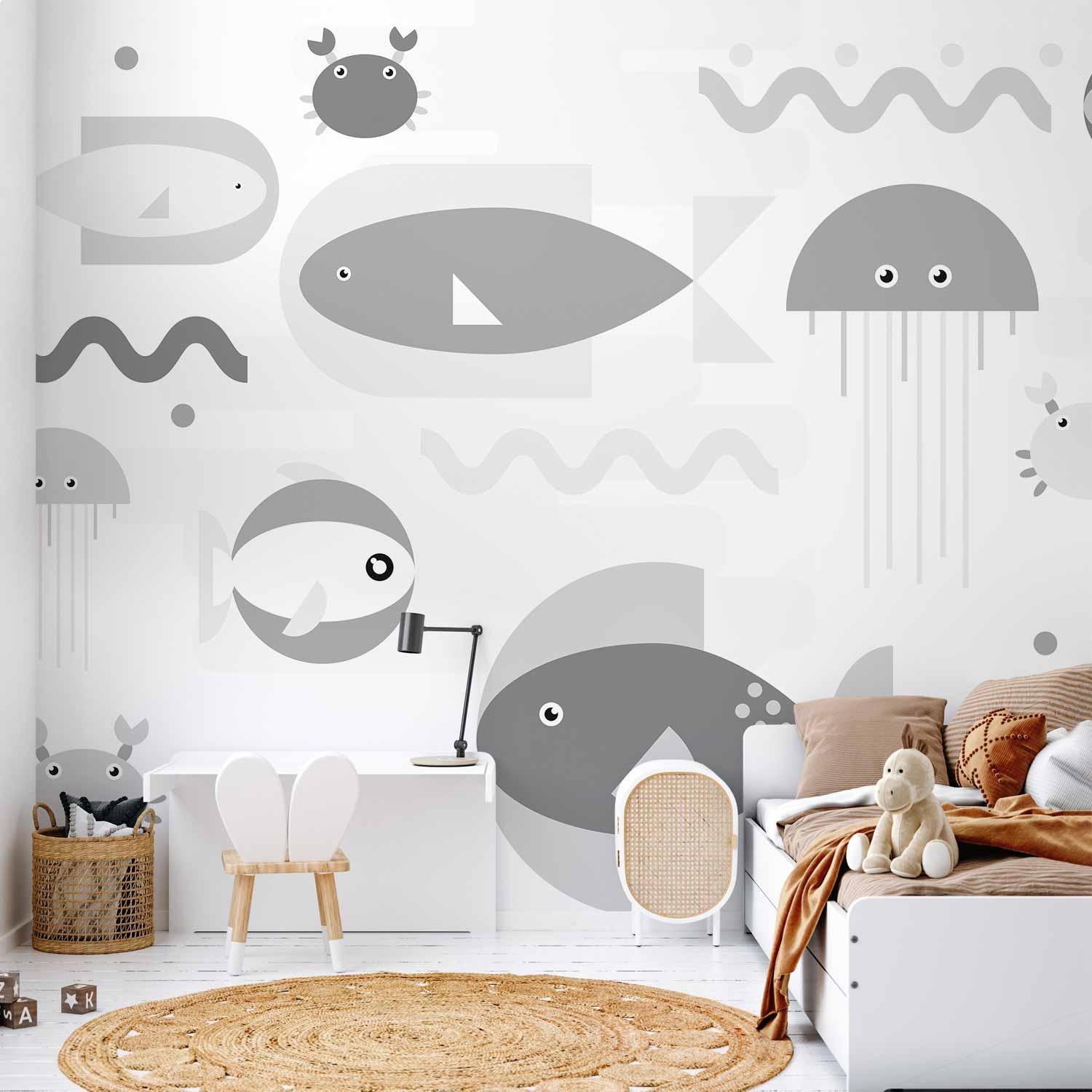 Fototapet med minimalistisk gråt havmotiv og geometriske fisk til børn - 100 x 70 cm - Premium
