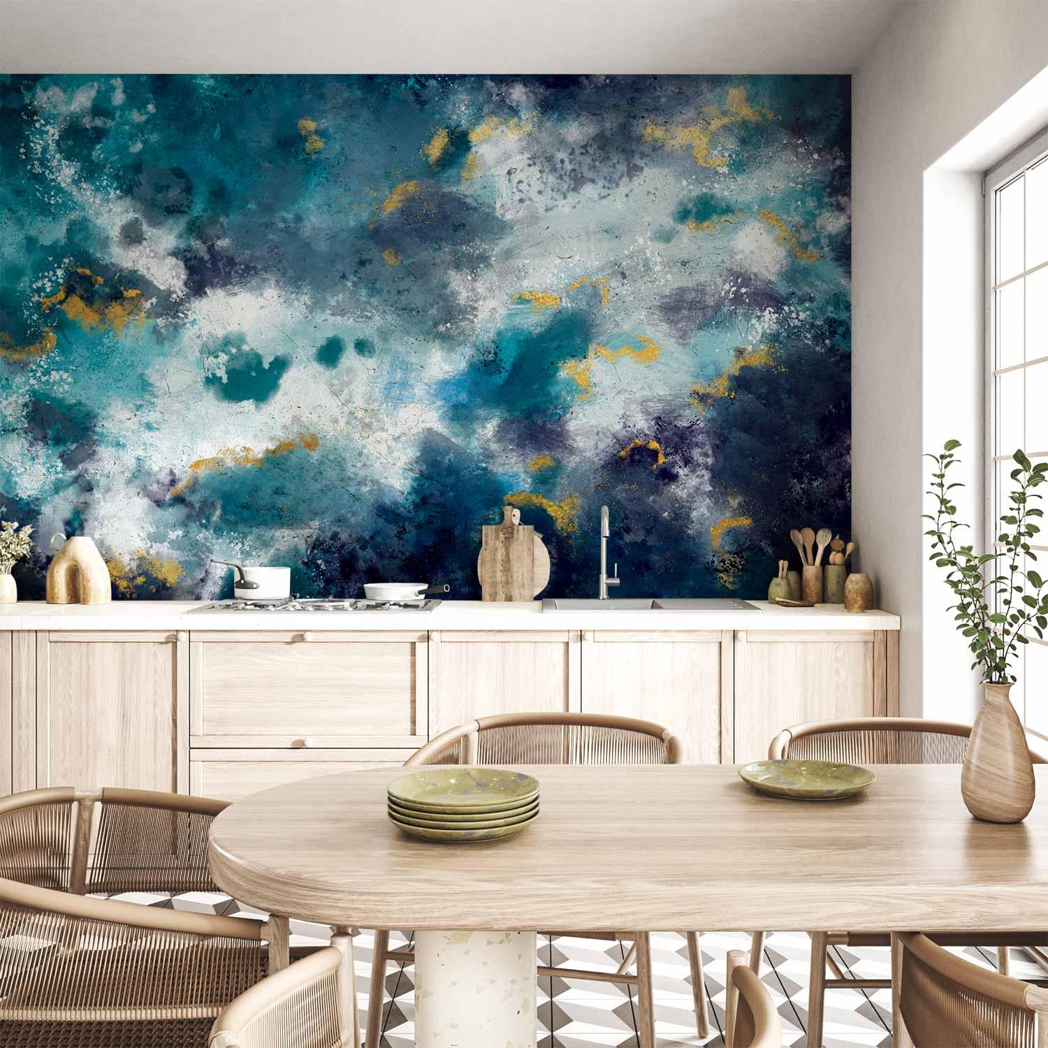 Fototapet Stormfuldt hav - abstrakt blå komposition i akvarelstil - 400 x 280 cm - Vandtæt