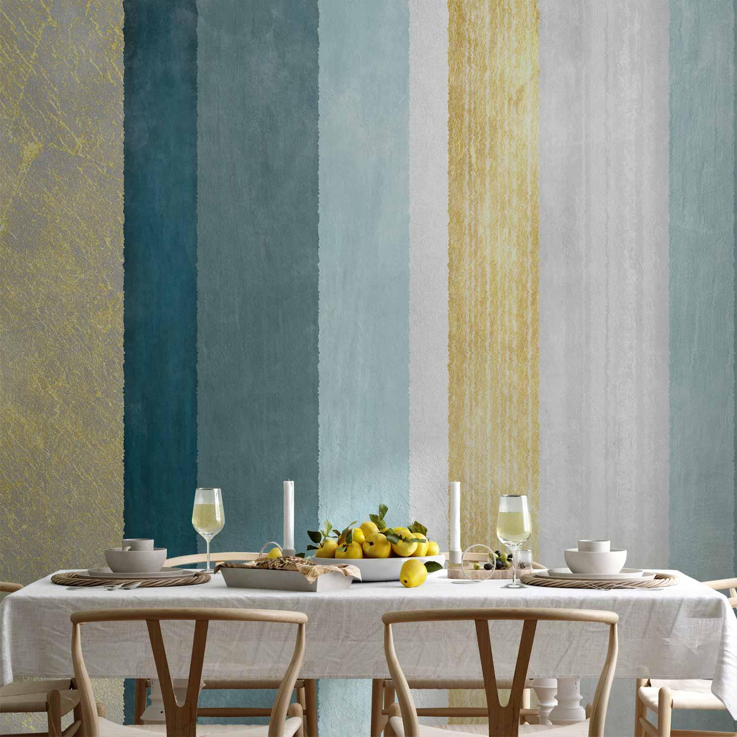 Fototapet med abstrakte striber i blå nuancer og guld - 400 x 280 cm - Vandtæt