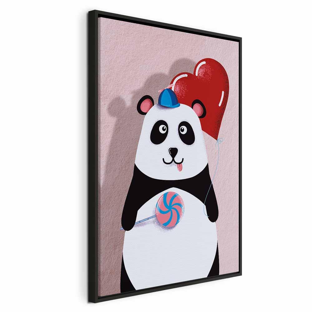 Lærredsbillede Panda med ballon 1-delt lodret til børneværelse - 80 x 120 cm - I en sort træramme
