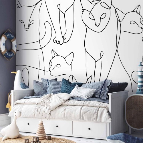 Fototapet med katte lineart i sort på hvid baggrund