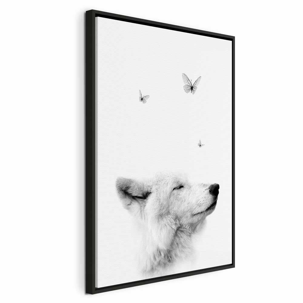 Lærredsbillede Gentle Dream lodret - dyremotiv med sommerfugle - 40 x 60 cm - I en sort træramme