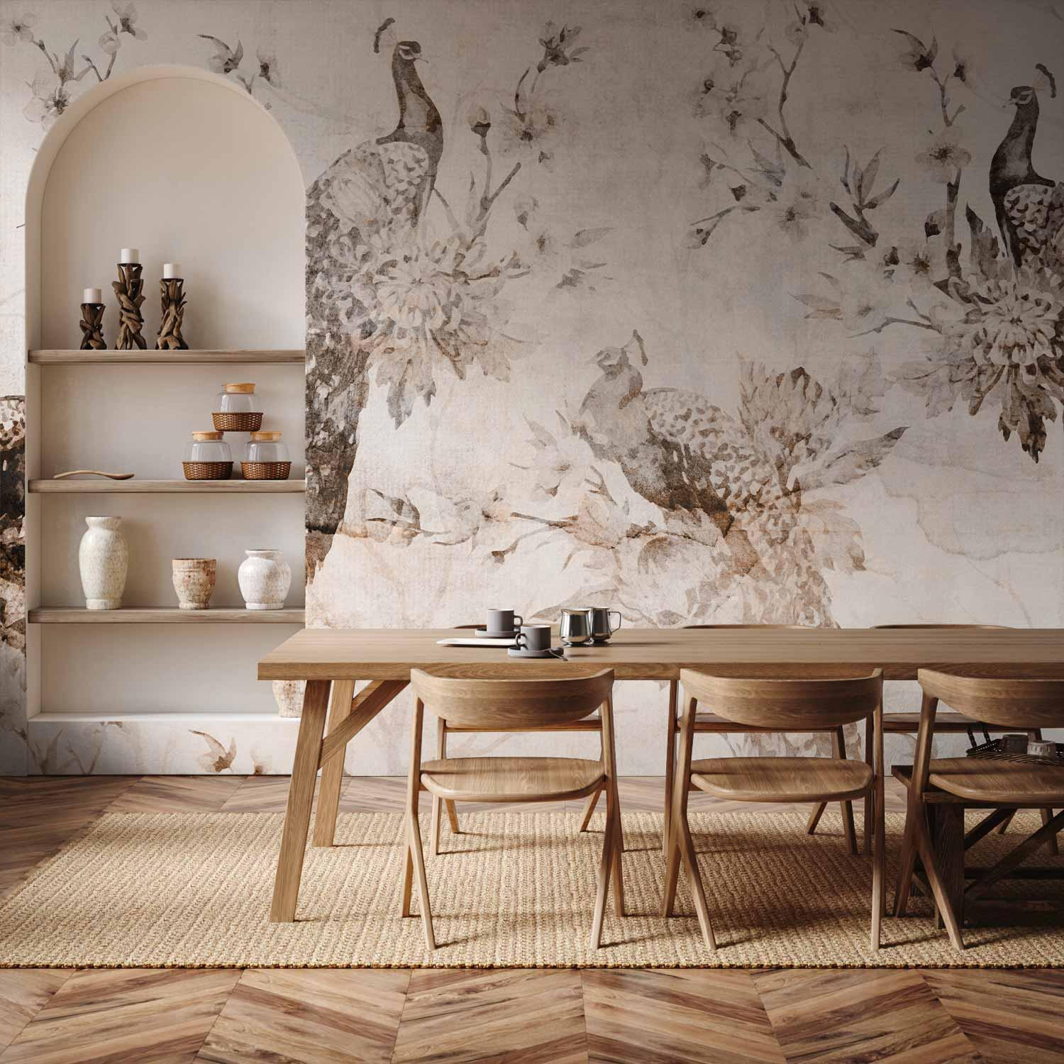 Fototapet med påfugle i delikat beige - 400 x 280 cm - Vandtæt