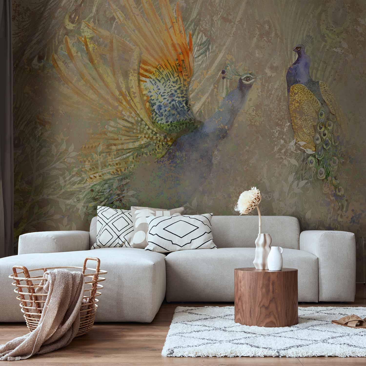 Fototapet med påfugle i dans - fuglemotiv med abstrakt mønster og ornamenter - 100 x 70 cm - Premium
