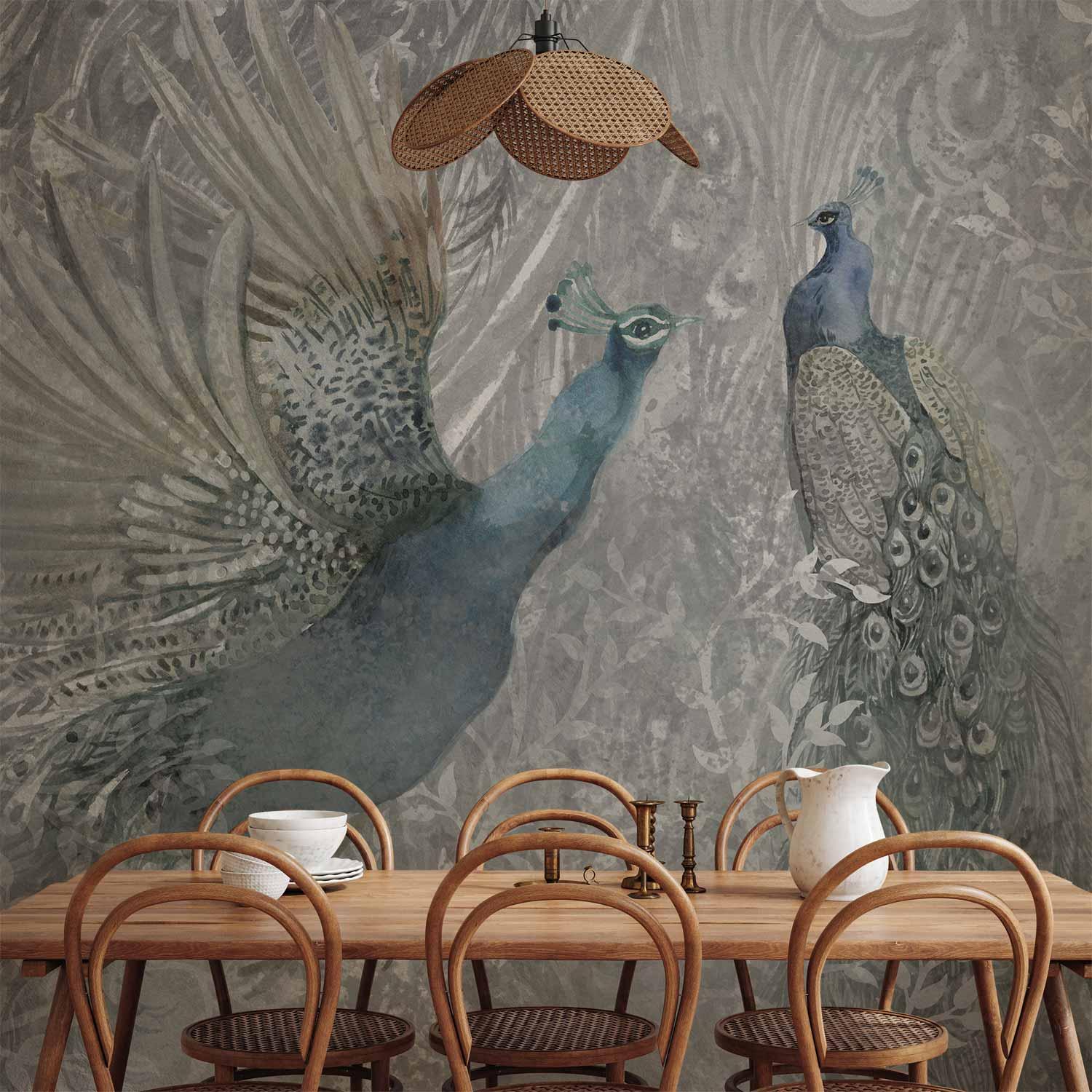 Fototapet med påfugle - Dansende Påfugle, anden variant - 400 x 280 cm - Vandtæt