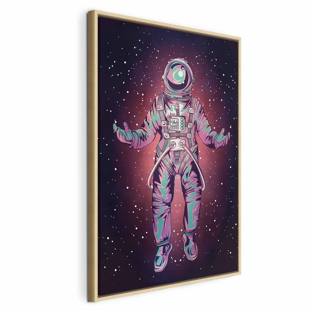 Lærredsbillede Ensom Rejsende lodret - astronaut og stjernehimmel - 40 x 60 cm - I en naturlig træramme