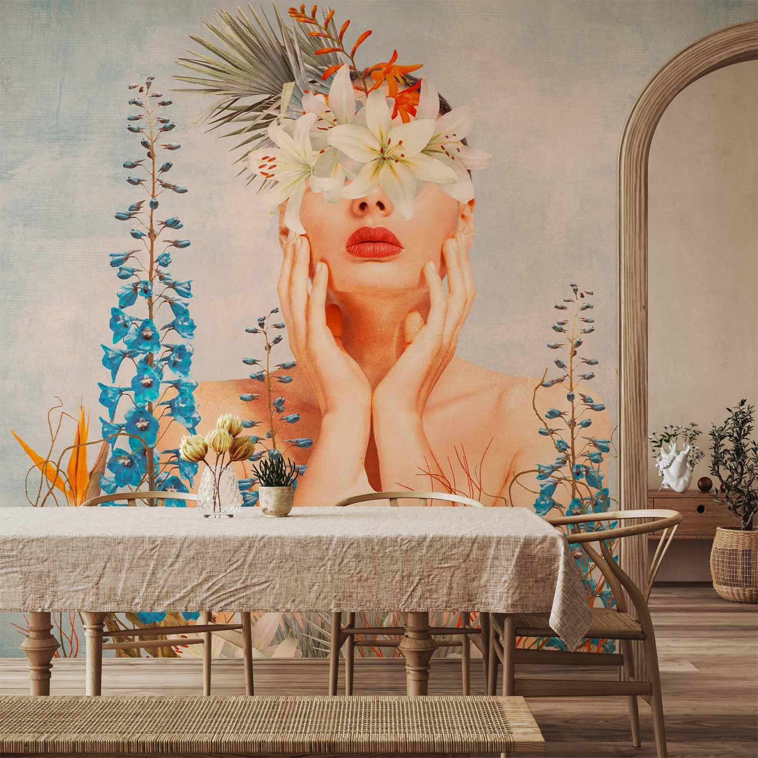 Fototapet med kvinde blandt blomster på mønstret baggrund - 200 x 140 cm - Vandtæt