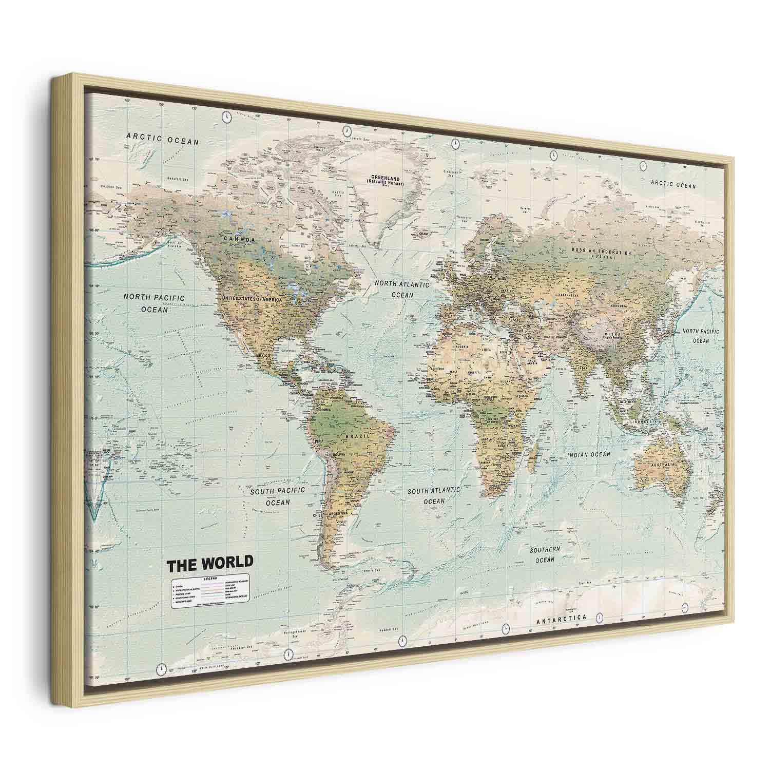 Lærredsbillede verdenskort - Beautiful World - 60 x 40 cm - I en naturlig træramme