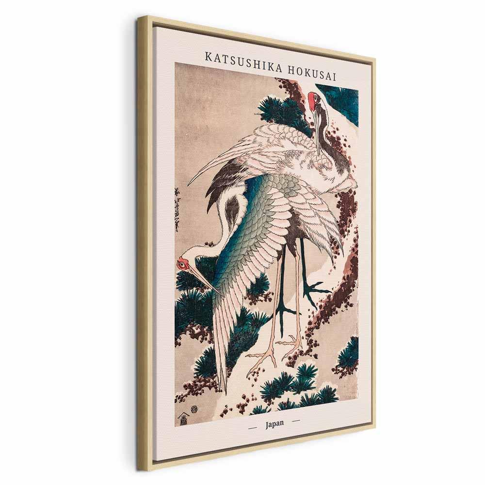 Katsushika Hokusai lærredsbillede med traner - lodret - 80 x 120 cm - I en naturlig træramme