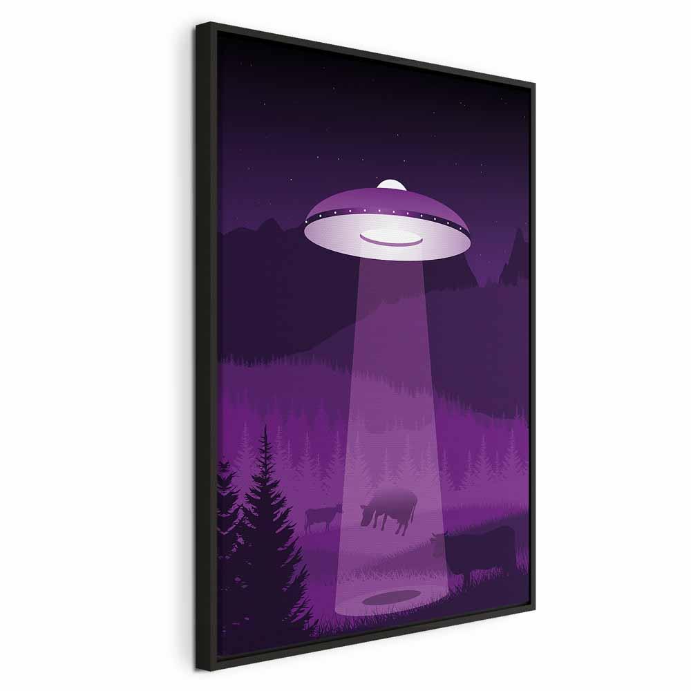 Lærredsbillede UFO lodret - violet fantasimotiv - 80 x 120 cm - I en sort træramme