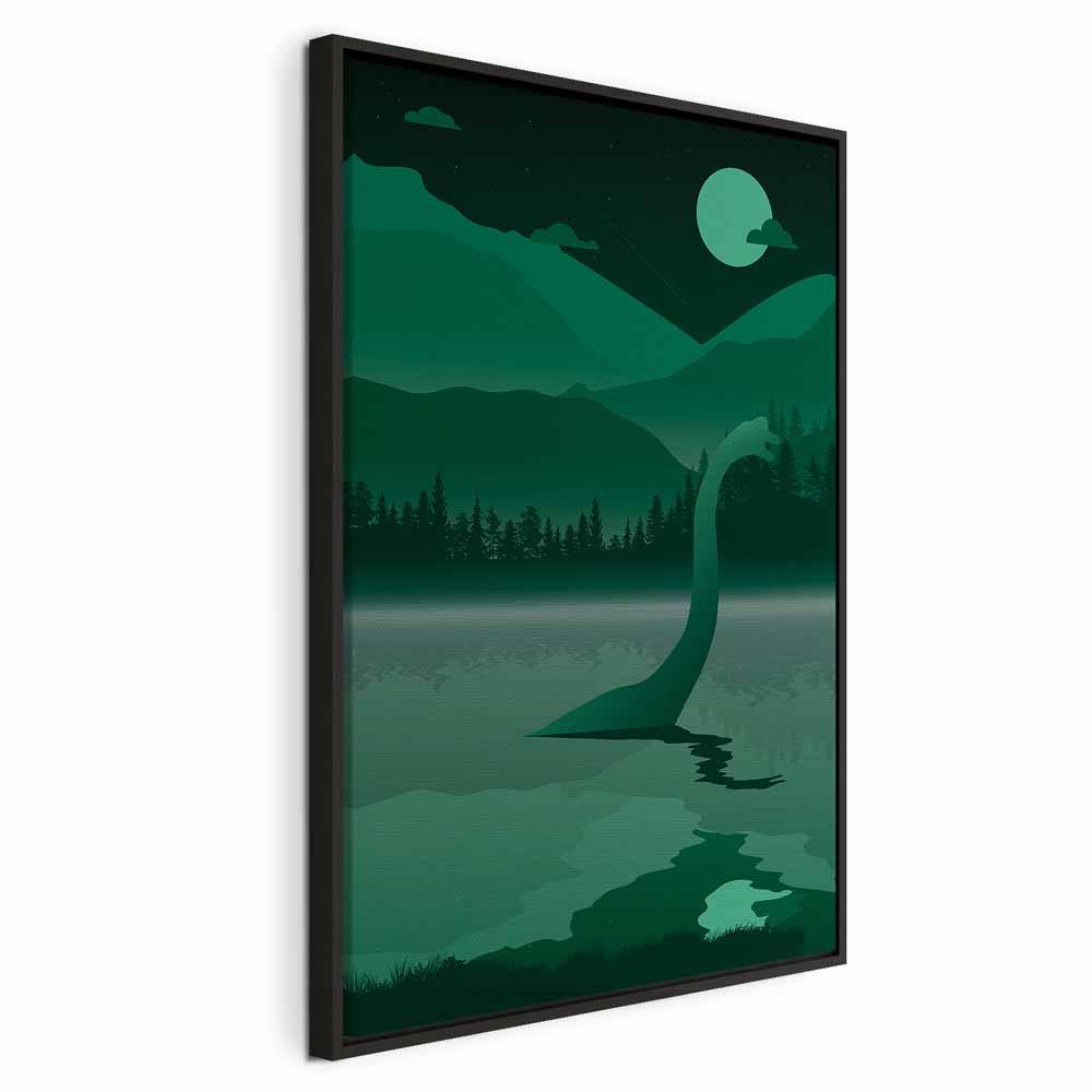 Lærredsbillede Loch Ness - lodret vægdekoration til børneværelse - 40 x 60 cm - I en sort træramme