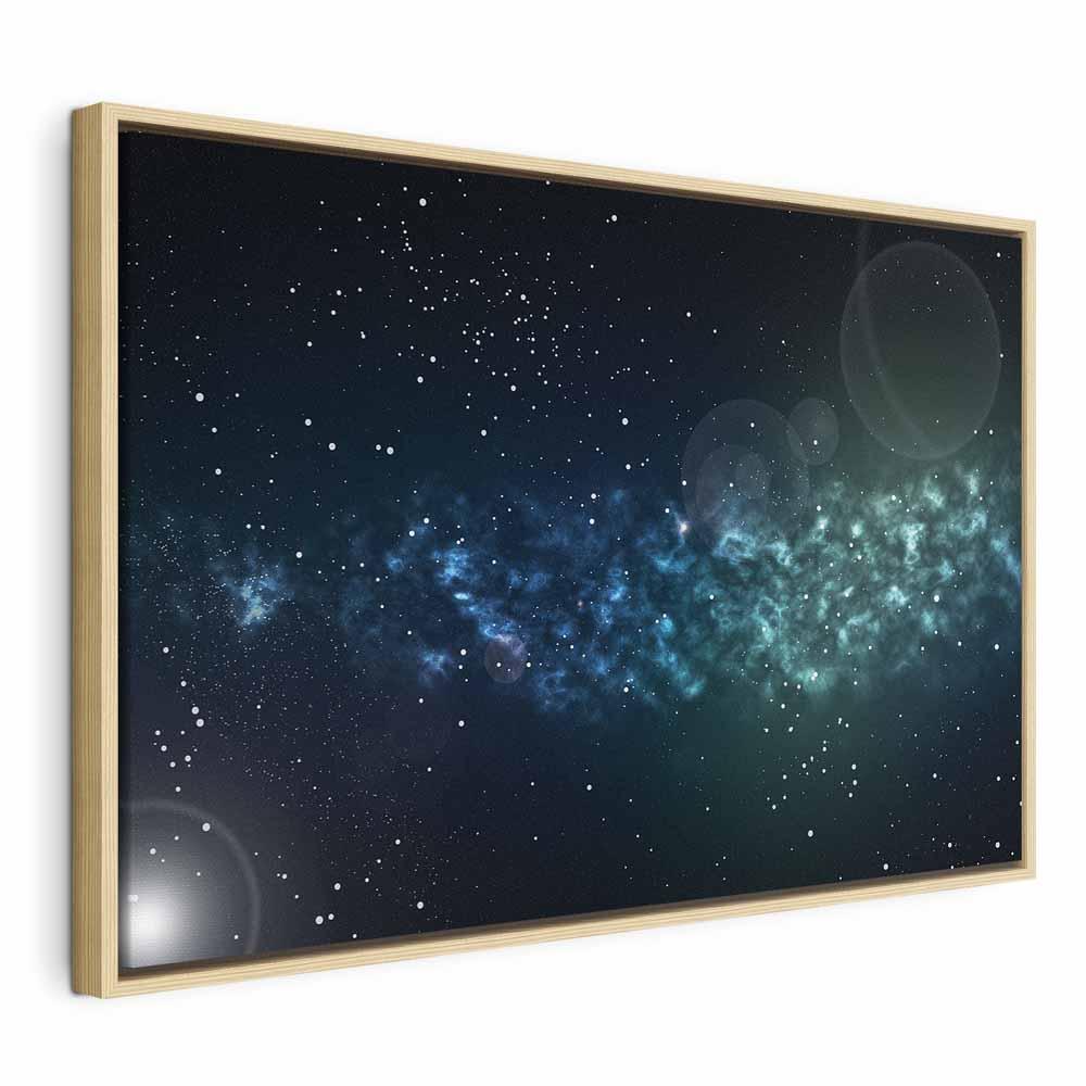 Lærredsbillede Space bredformat med stjernehimmel - 90 x 60 cm - I en naturlig træramme