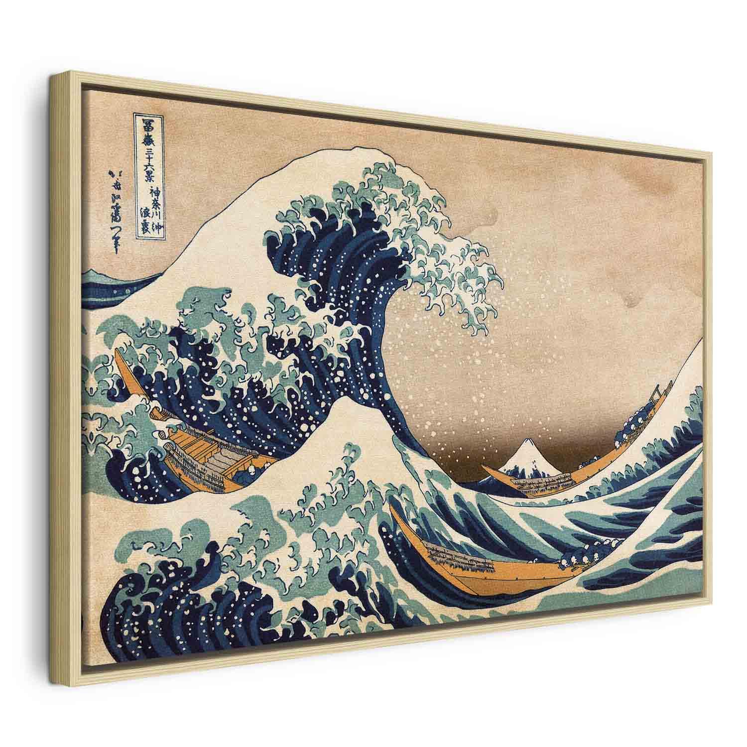 Lærredsbillede Den store bølge ved Kanagawa - reproduktion - 120 x 80 cm - I en naturlig træramme