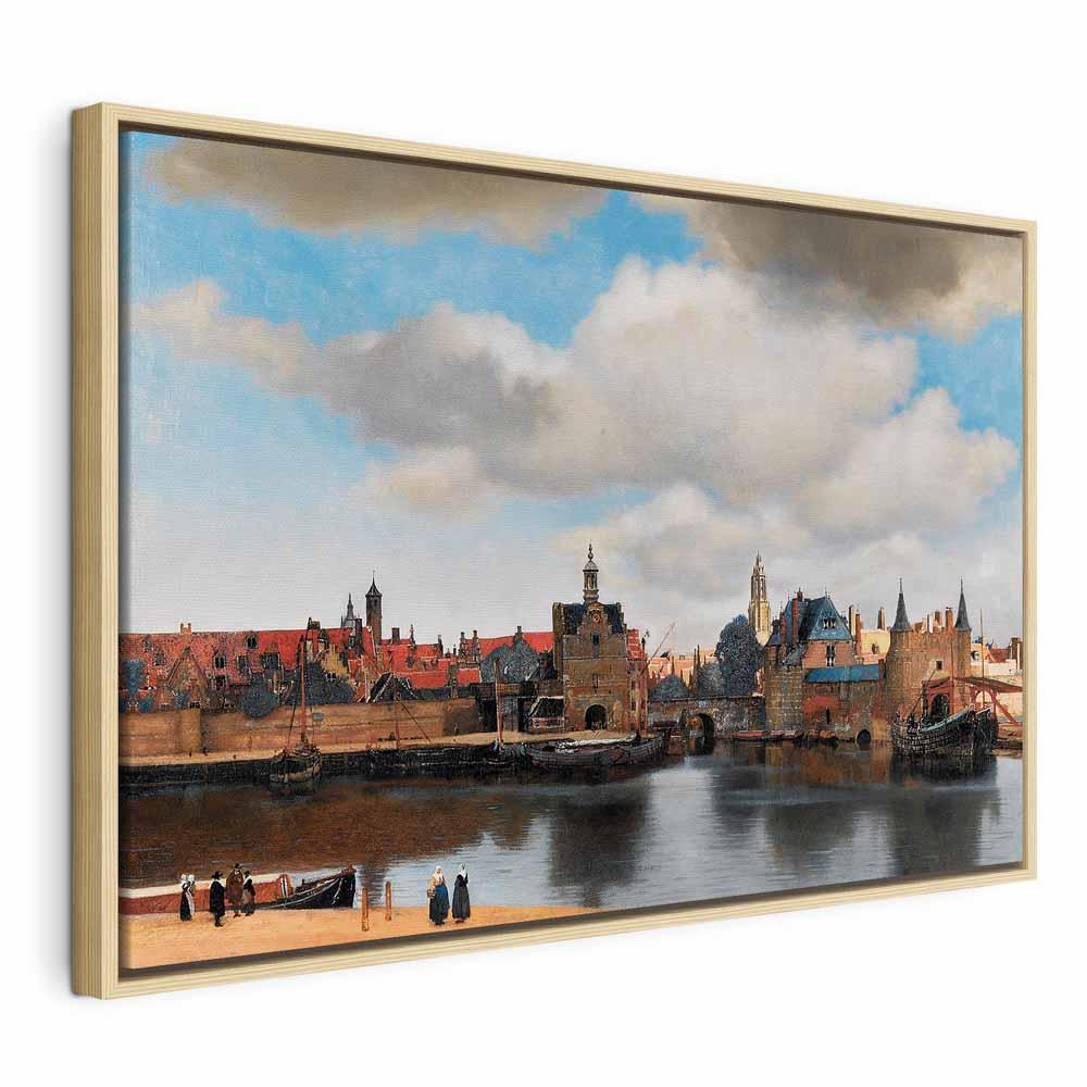 Jan Vermeer billede på lærred - Udsigt over Delft - 90 x 60 cm - I en naturlig træramme