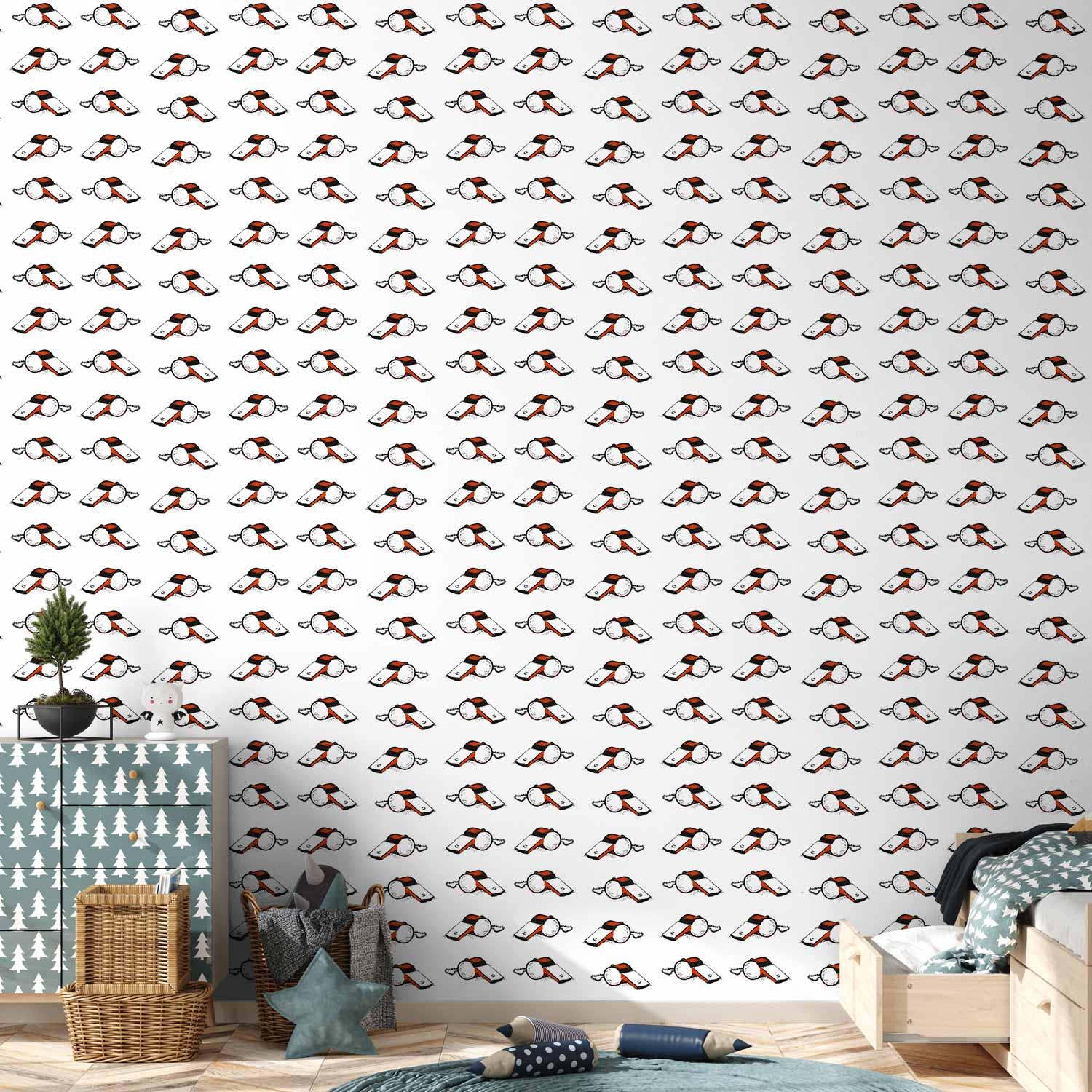 Tapet med fodboldfløjter til børn - sort/hvid med røde detaljer på hvid baggrund - 50 x 1000 cm - Vandtæt
