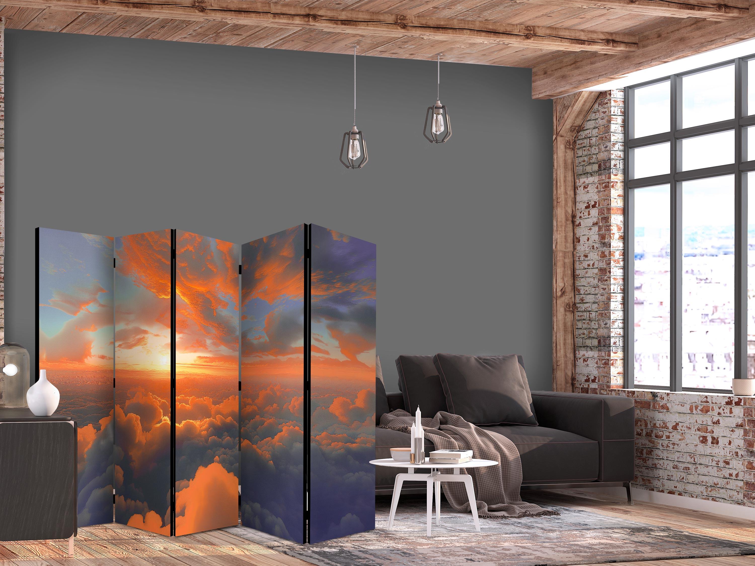 5-panels skærmvæg med landskabsmotiv - Når daggryet kilder skyerne - 225 x 172 cm - Akustik