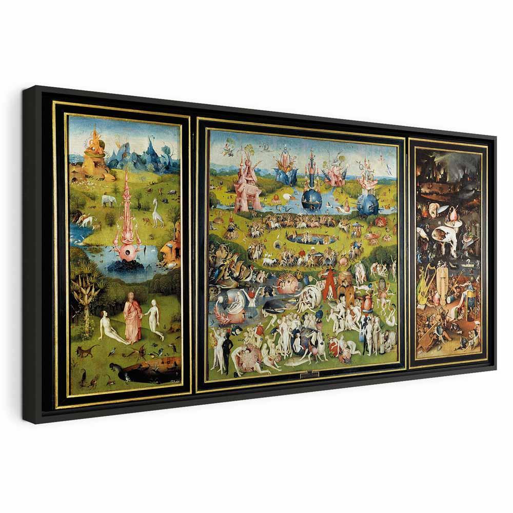 Hieronymus Bosch billede på lærred - Lysternes Have - 60 x 30 cm - I en sort træramme