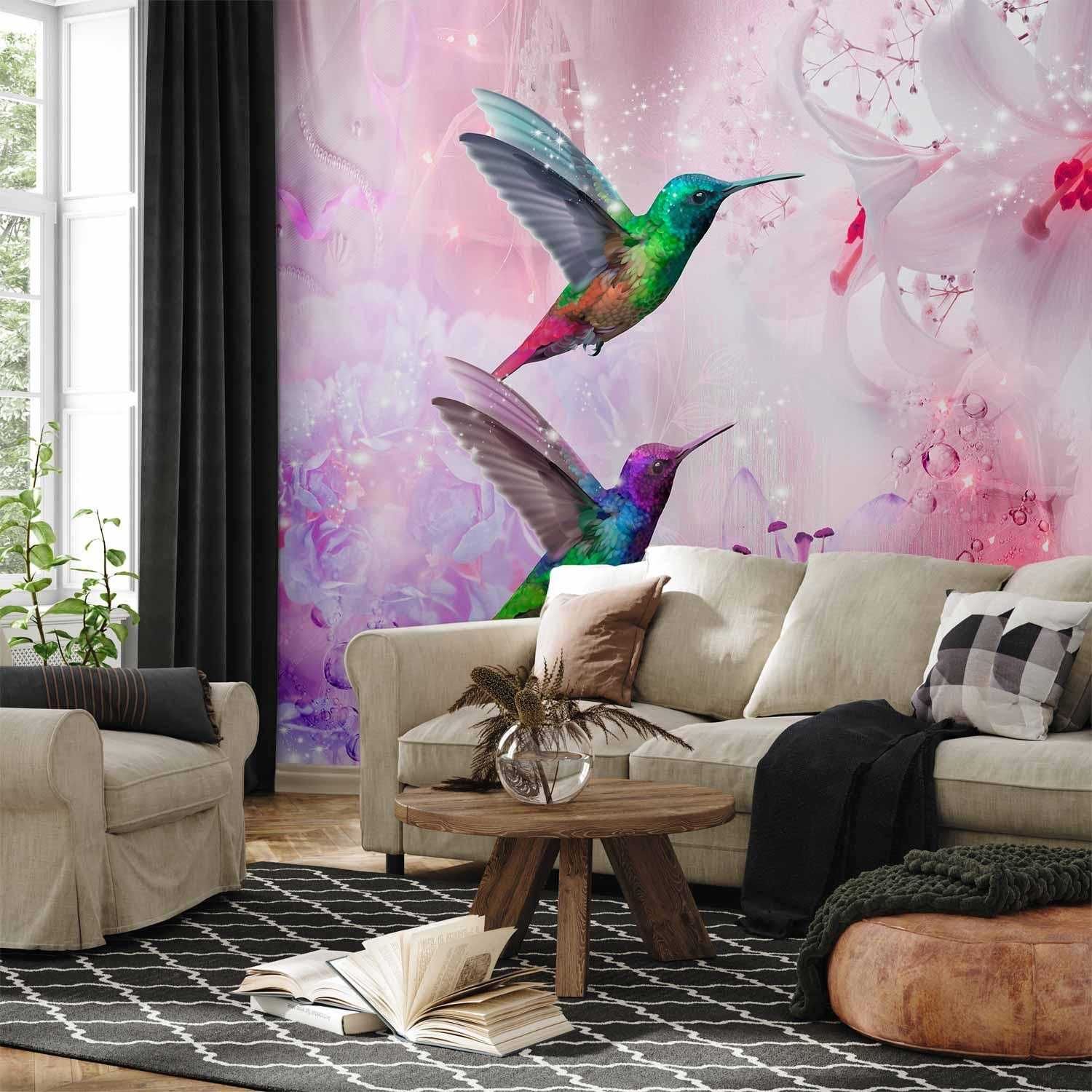 Fototapet med farverige kolibrier i lilla - 98 x 70 cm - Selvklæbende