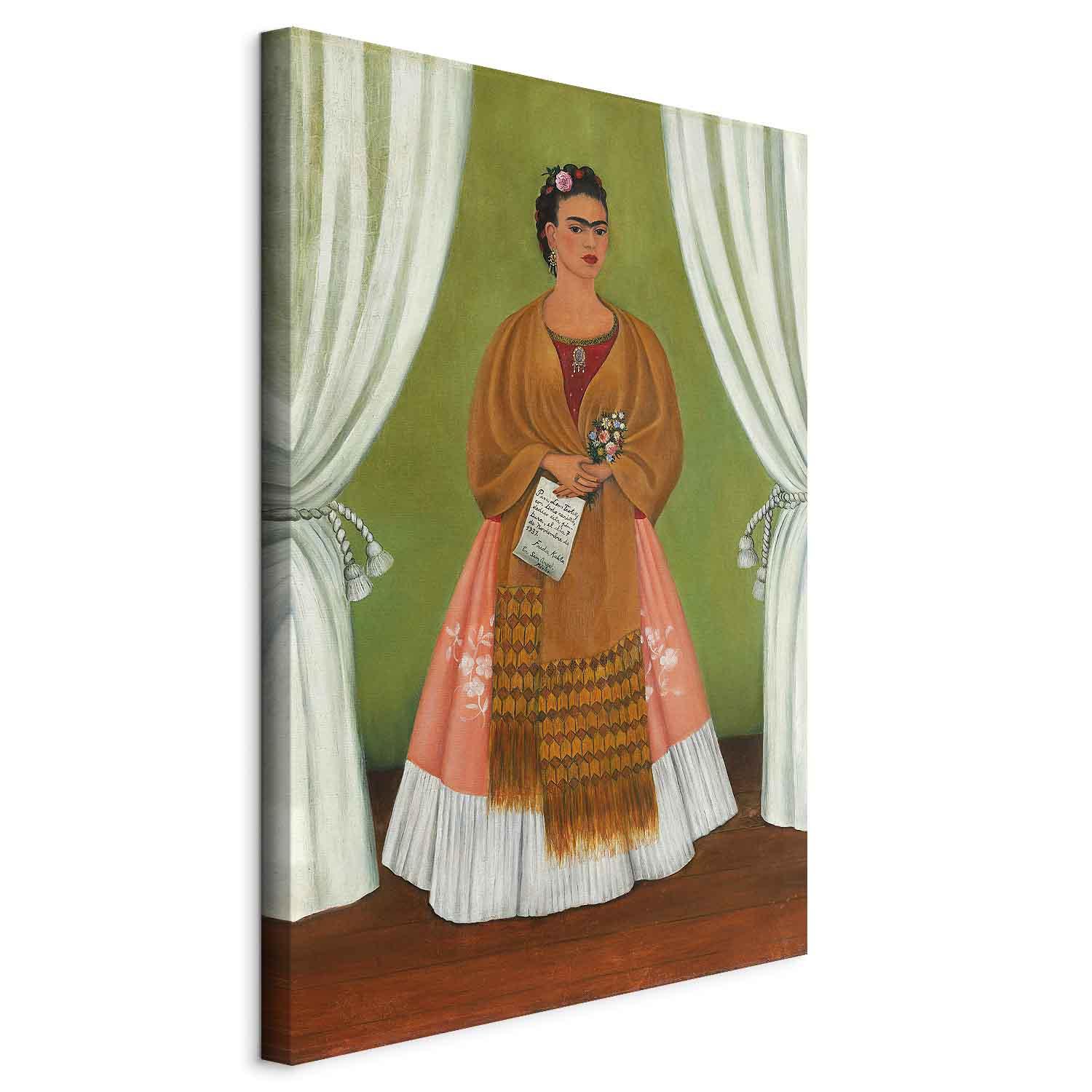 Frida Kahlo billede på lærred - Selvportræt dedikeret til Leon Trotskij - 20 x 30 cm - På italiensk lærred