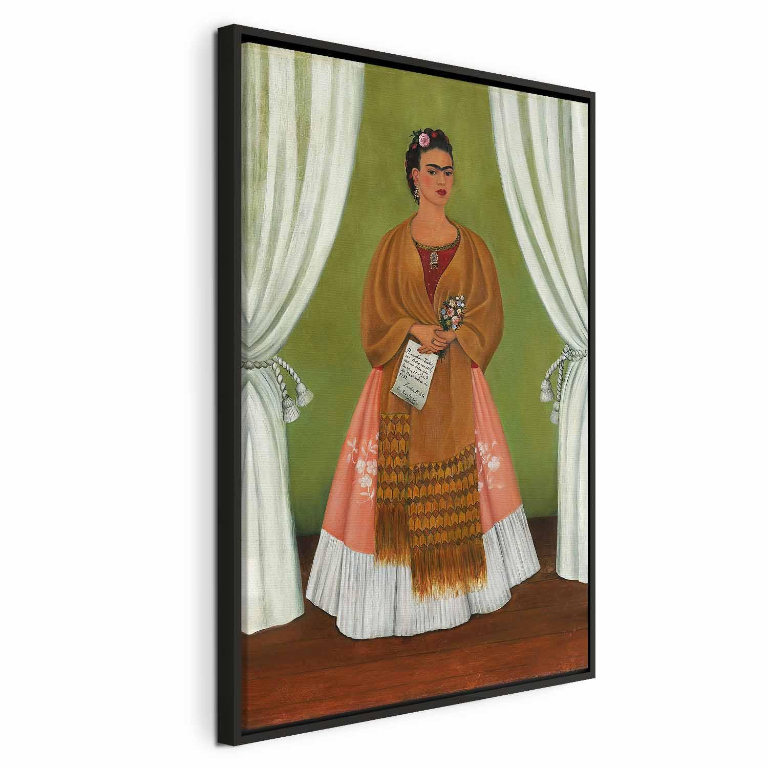 Frida Kahlo billede på lærred - Selvportræt dedikeret til Leon Trotskij - 80 x 120 cm - I en sort træramme