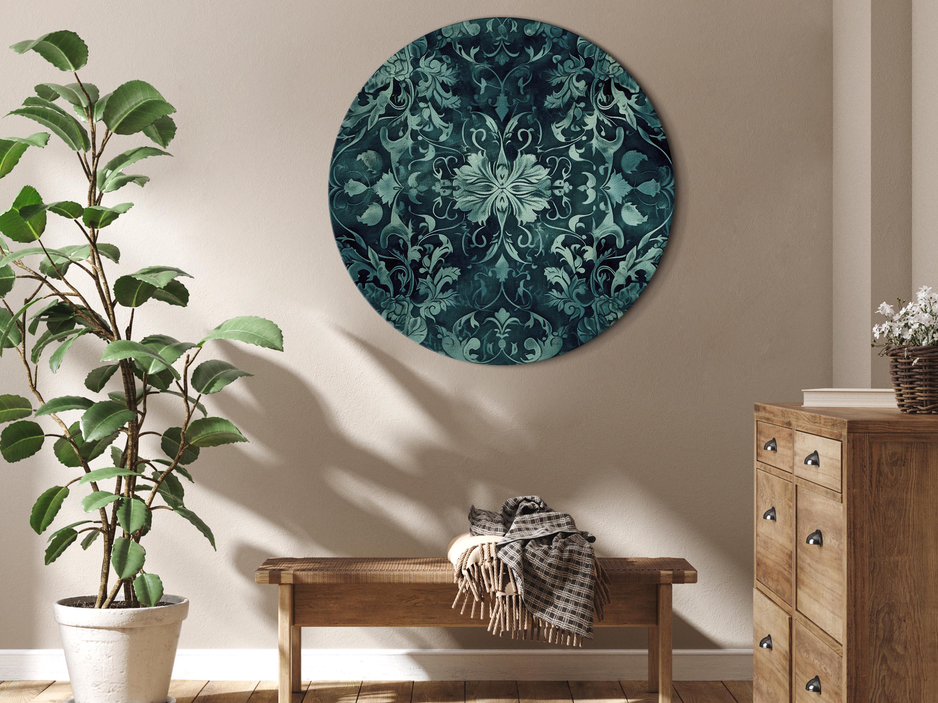 Rundt lærredsprint med orientalsk mønster - smaragdgrønne ornamenter og patineret design - 80 x 80 cm