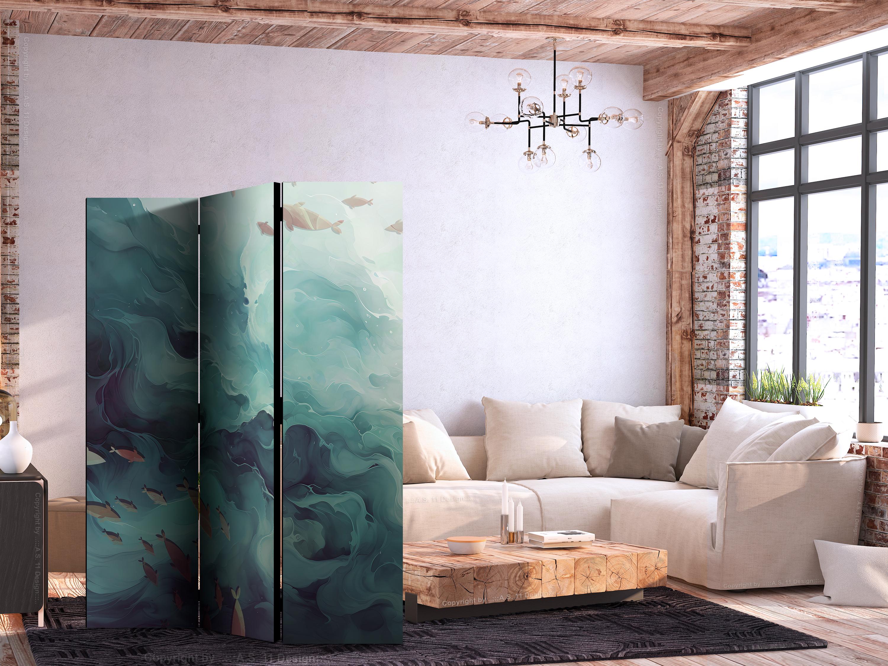 Skærmvæg med fisk i dæmpede havfarver 135 x 172 cm - 135 x 172 cm - Akustik