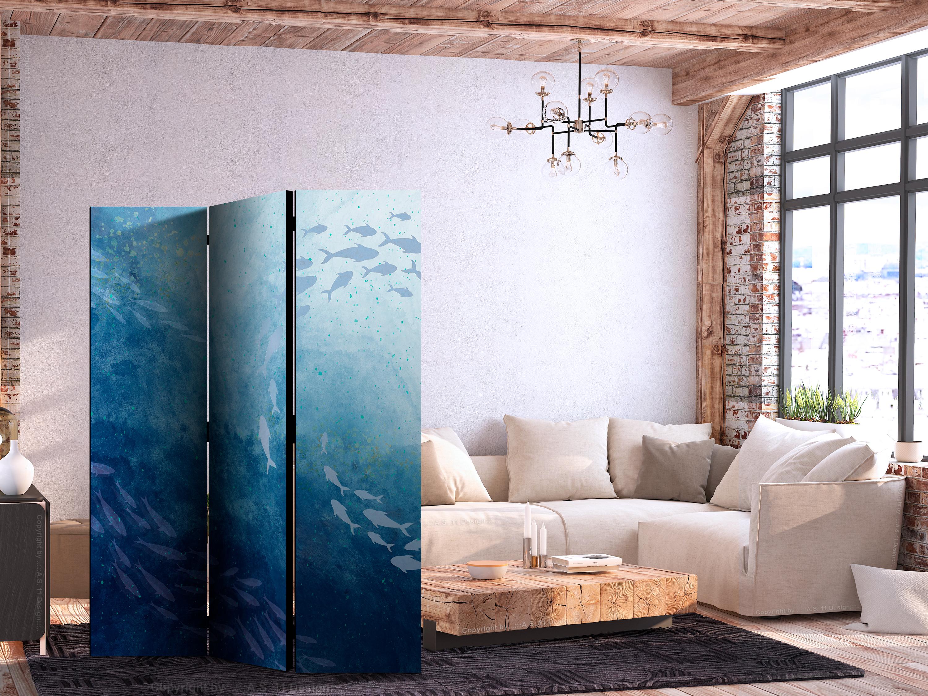 Skærmvæg med fiskemotiv i blå nuancer - 3-panels rumdeler - 135 x 172 cm - Akustik