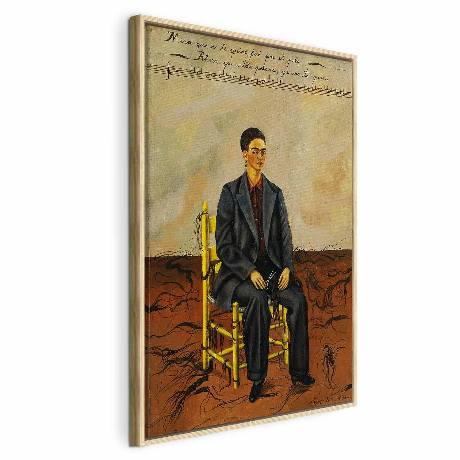 Frida Kahlo Selvportræt med afklippet hår - billede på lærred - 80 x 120 cm - I en naturlig træramme