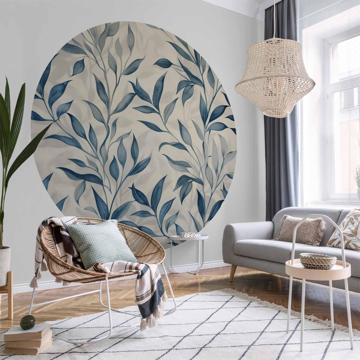 Rundt fototapet med botanisk motiv og blå blade - 140 x 140 cm