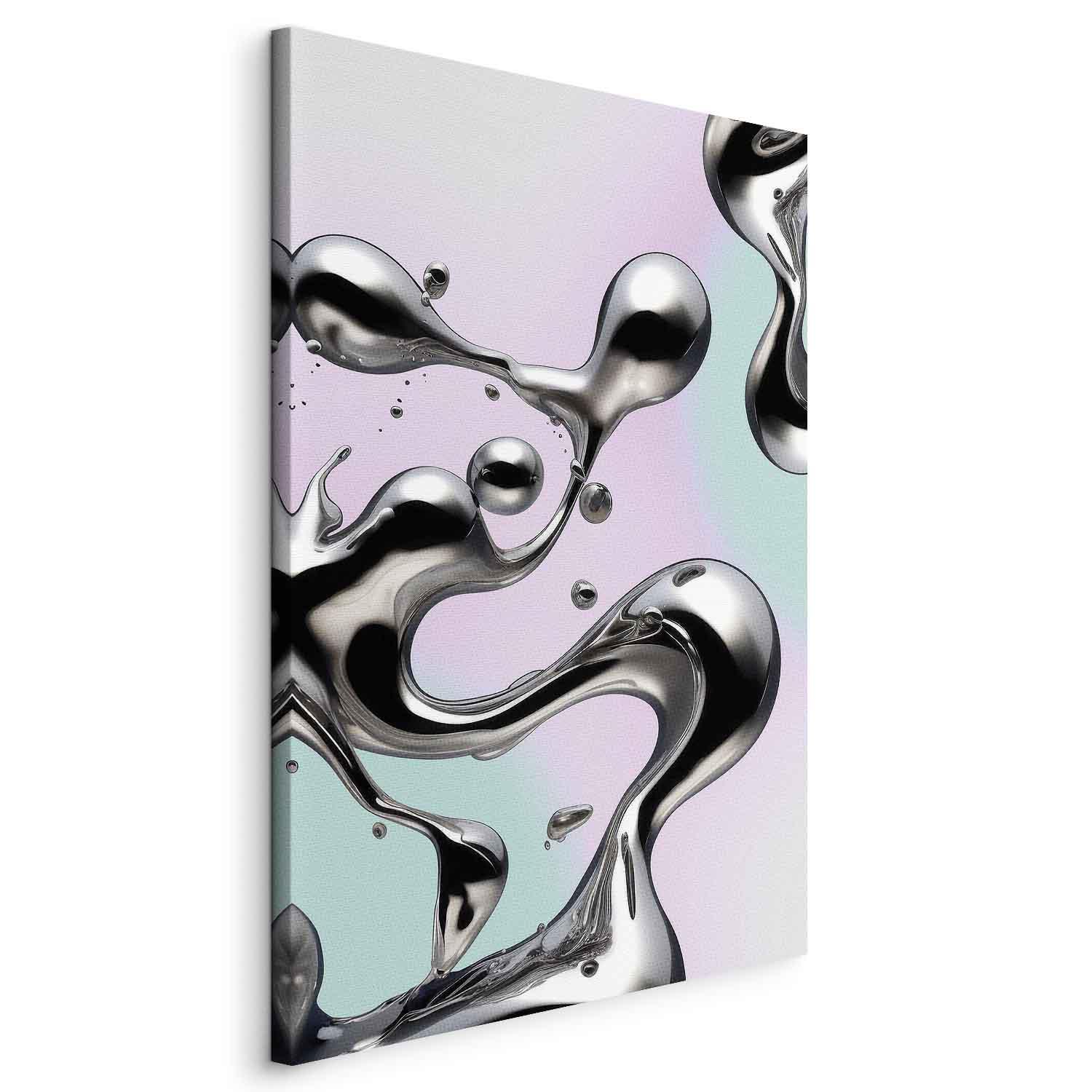 Billede på lærred - Metallic Fluidity - Abstrakte sølvformer på mint- og lilla baggrund - 20 x 30 cm - På italiensk lærred