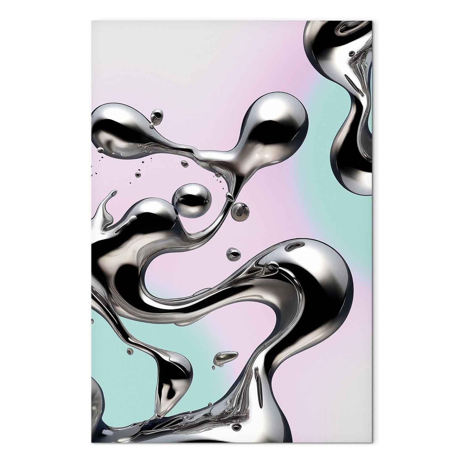 Billede på lærred - Metallic Fluidity - Abstrakte sølvformer på mint- og lilla baggrund - 20 x 30 cm - Premium Print