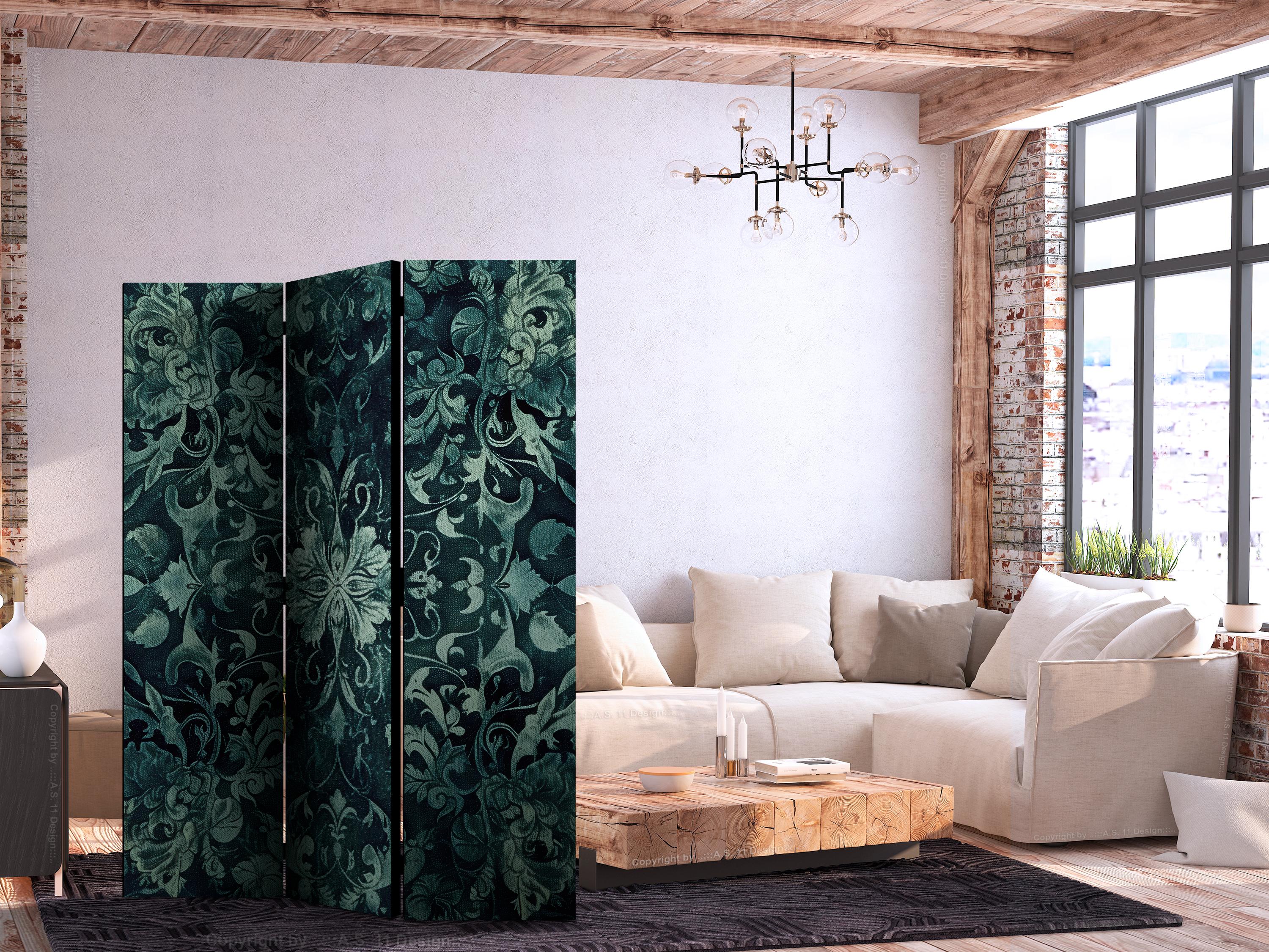 3-panels skærmvæg med orientalsk blomstermønster - smaragdgrøn 135 x 172 cm - 135 x 172 cm - Akustik