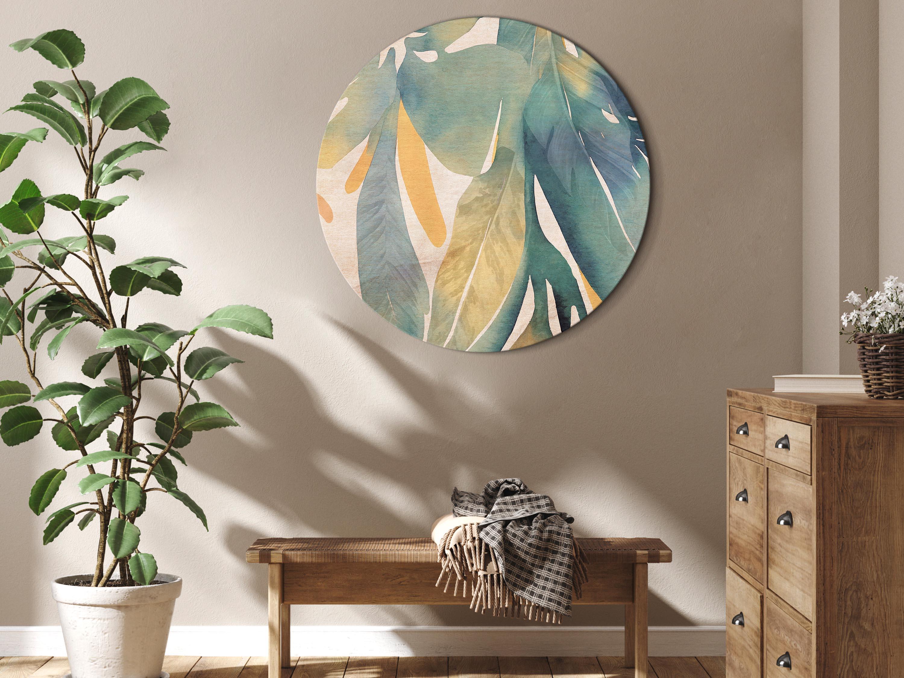 Rundt lærredsprint med eksotiske akvarelblade på beige baggrund - 40 x 40, 60 x 60 og 80 x 80 cm - 40 x 40 cm